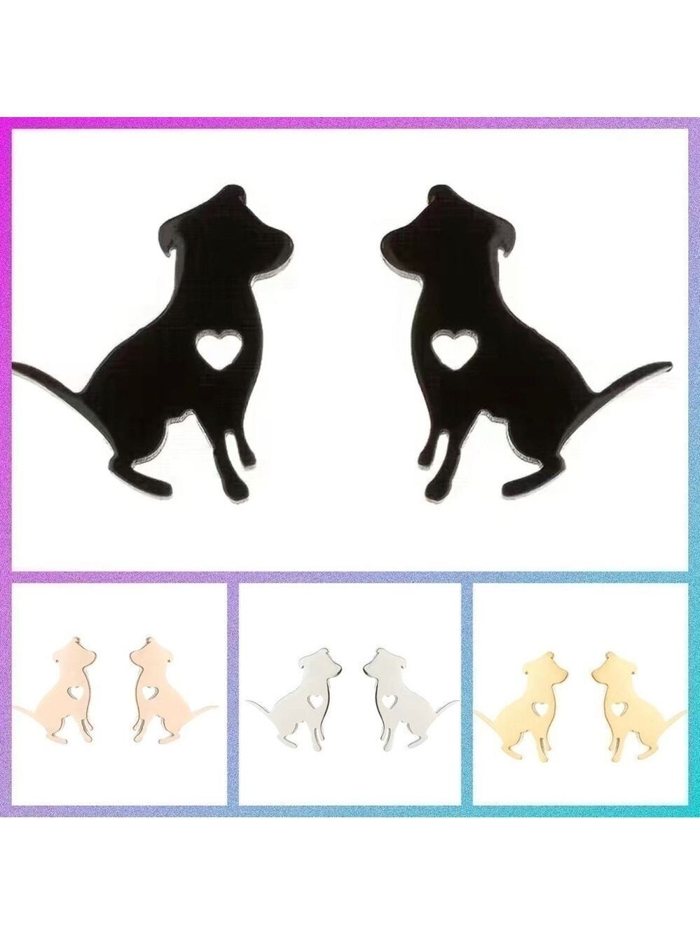 Dog Pitbull and Heart Stainless Steel Stud Earrings #812 (Color: black)